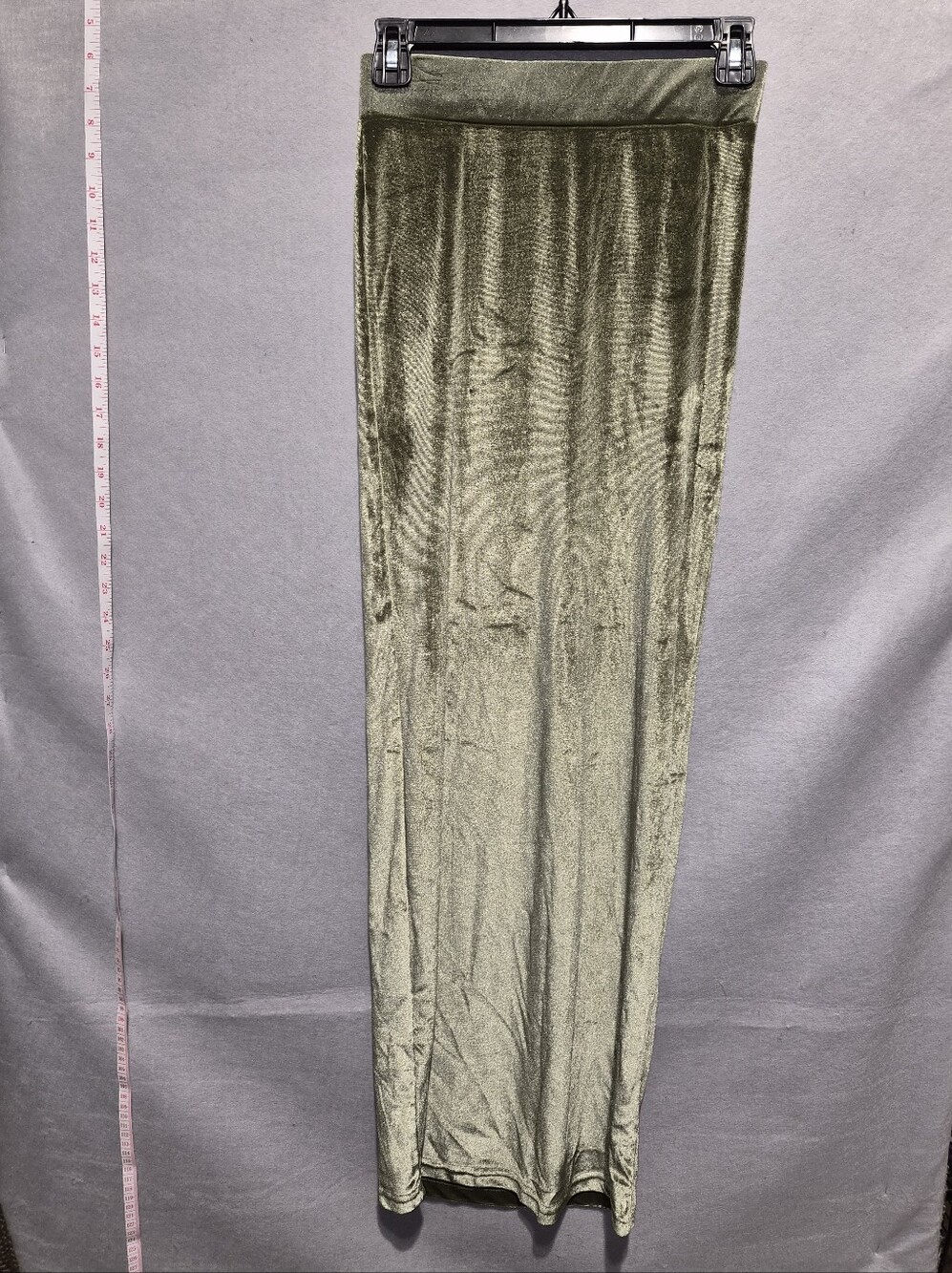 FINESSE Olive Green Metallic Velvet Maxi Skirt Stretch Waist Size XS